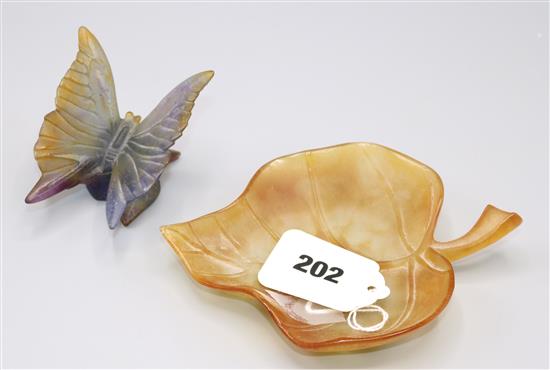 Modern Daum glass leaf and a butterfly